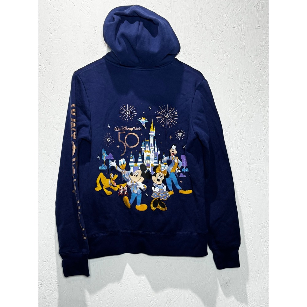 Disney World 50th Anniversary Kids Large Navy Blue Zip Up Hoodie Mickey Minnie